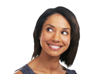 A black woman looks sideways at the copy space, with a smile that showcases her healthy teeth and reflects her commitment to a natural lifestyle isolated on a PNG background.