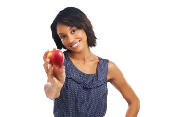 An African woman promoted the consumption of apples as a vital part of a healthy diet and self-care isolated on a PNG background.
