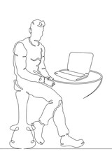 Fototapeta na wymiar One continuous line.A man sits behind an open laptop. Computer work. The young man communicates on the network. Man with a laptop. One continuous line drawn isolated, white background.