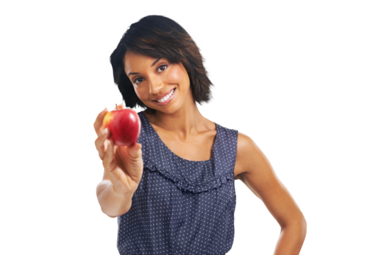 An African woman promoted the consumption of apples as a vital part of a healthy diet and self-care isolated on a PNG background.