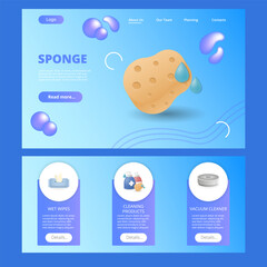 Sponge flat landing page website template. Wet wipes, cleaning products, vacuum cleaner. Web banner with header, content and footer. Vector illustration.