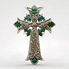 silver cross with emerald, AI Generated