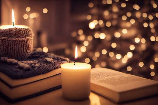 The atmosphere of winter holidays with candles, a knitted sweater and a book. Generative ai