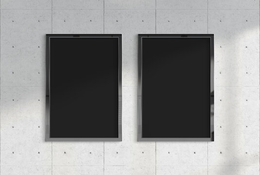 Two billboards hanging on a sunlit wall mockup. Template of frames bathed in sunlight 3D rendering