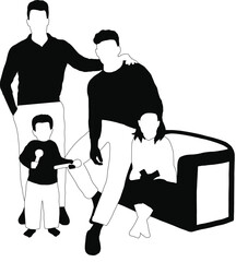 A black and white drawing of a family with a child.