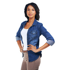 A confident and motivated African black woman embodying a strong vision of success and determination stands with her hands on her hips isolated on a png background.