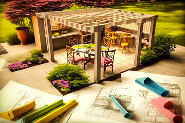 Esquisse 3d pour un projet d'aménagement de pergola dans un jardin d'agrément - Dessin de paysagiste avec aménagement terrasse et jardin - Générative IA - obrazy, fototapety, plakaty