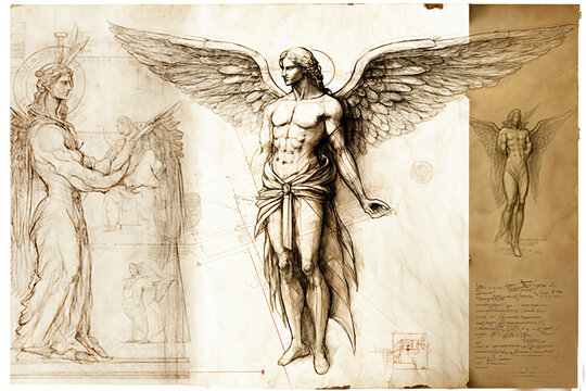man angel with wings drawing in style of Leonardo Da Vinci created by generative AI