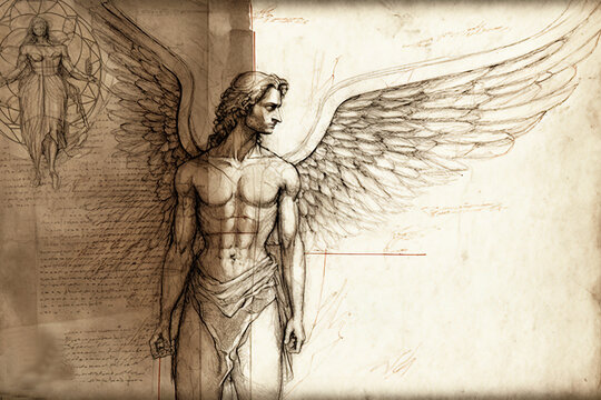 man angel with wings drawing in style of Leonardo Da Vinci created by generative AI
