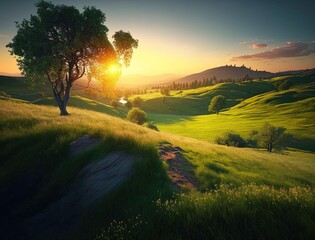 Obraz premium Au coucher du soleil, un paysage printanier-estival magnifique de prairie se déploie dans une région vallonnée. On y découvre un champ de jeune herbe verte et juteuse.