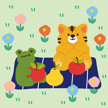 Frogs and tigers are invited to have a picnic at the village park.