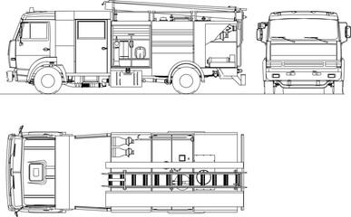 Fire engine detailed sketch vector illustration set