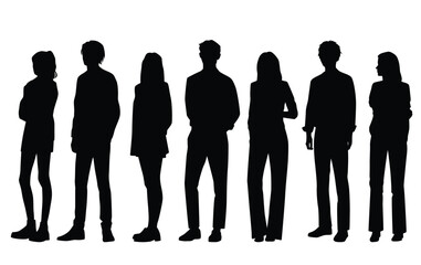 Vector silhouettes of  men and a women, a group of standing  business people, black color isolated on white background