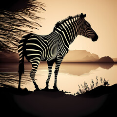 Fototapeta na wymiar zebra sunset silhouette wild animal safari. Generative AI