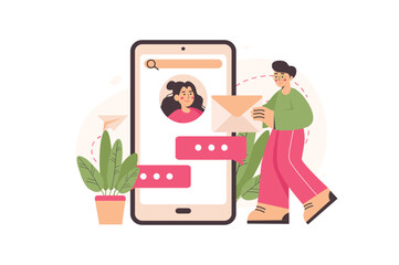 Concept Online chatting with people scene in the flat cartoon design. Boy sends letter for his girlfriend on the online chatting. Vector illustration.