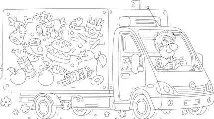 Funny courier driving his express delivery van full of ordered goods to waiting customers, black and white vector cartoon illustration for a coloring book