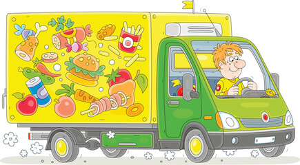 Funny courier driving his colorful express delivery van full of ordered goods to waiting customers, vector cartoon illustration isolated on a white background