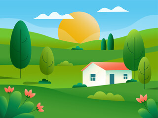 Fototapeta premium Summer landscape nature gradient background with with house, hills, trees and sky - travel and relax concept. Countryside. 
