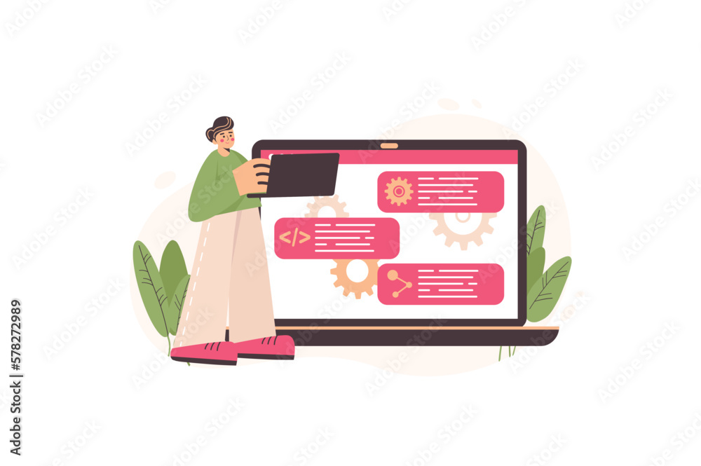 Poster concept web development with people scene in the flat cartoon design. web designer gets acquainted w