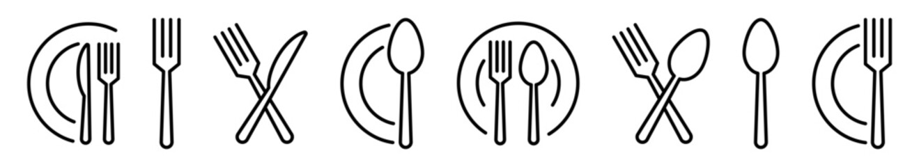 Cutlery vector icon set. Fork, Spoon and Knife icons. Silverware icons. Black silverware icon