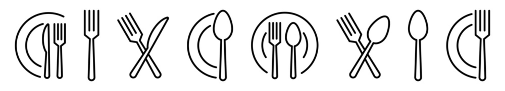 Cutlery vector icon set. Fork, Spoon and Knife icons. Silverware icons. Black silverware icon