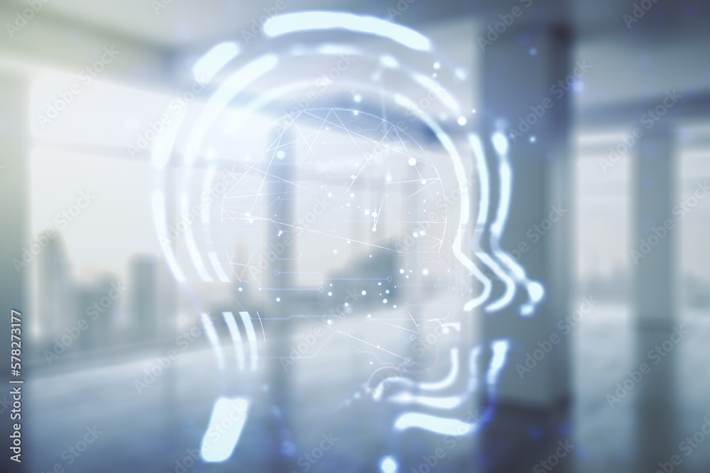 Aufkleber Abstract virtual artificial Intelligence interface with human head hologram on empty corporate office background. Multiexposure