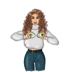 Red Hair Girl With Avokado Hand Drawn Illustration	