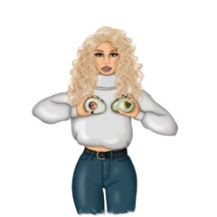 Blonde Girl With Avokado Hand Drawn Illustration	