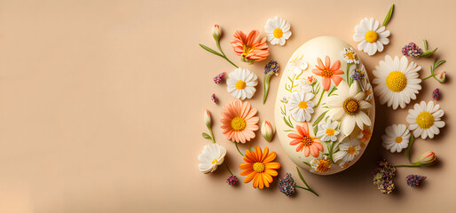 Easter egg decorated with spring flowers on a pastel colored background. Flat lay banner with space for text. Generative AI content.