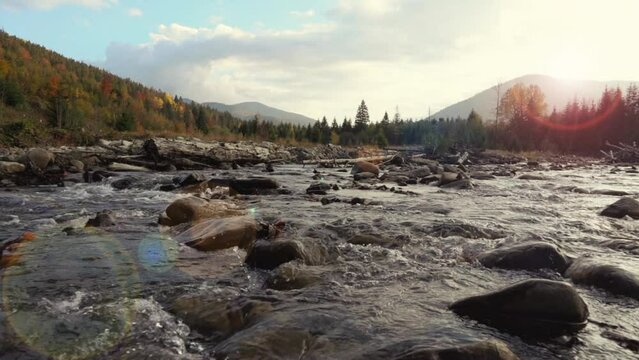 Wild Mountain River with Stone Boulders Flowing. Sunset. Ukraine, Carpathian. slow motion
