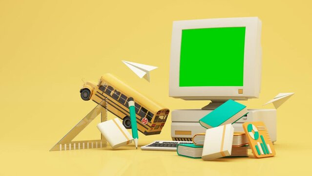 Back to school online learning, E-learning with school supplies and equipment. laptop computer screen with paper rocket accessories and textbooks on yellow background. cartoon style -3D Rendering