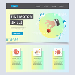 Fine motor skills flat landing page website template. Mental health, perfection, cognitive skills. Web banner with header, content and footer. Vector illustration.