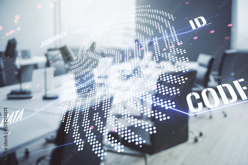 Poster multi exposure of virtual abstract fingerprint illustration on a modern furnished office background,
