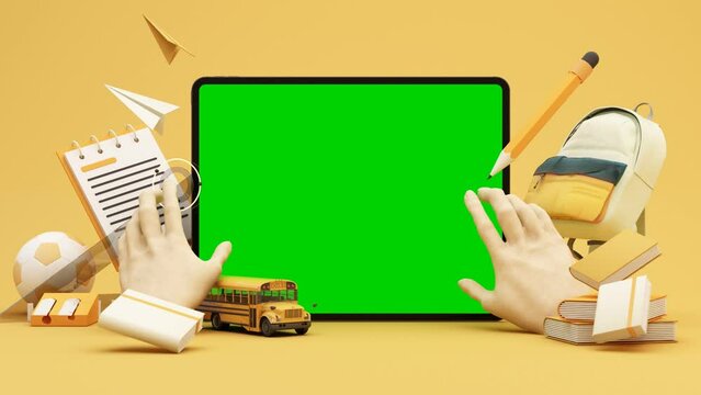 Back to school online learning, E-learning with school supplies and equipment. laptop computer screen with paper rocket accessories and textbooks on yellow background. cartoon style -3D Rendering