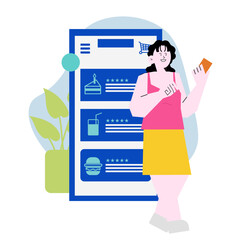 A woman is ordering food online in flat illustration