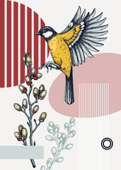 Collage-style bird card. Sketched great tit  trendy poster. Creative designs with bird sketch, botanical illustrations, geometric shapes, and abstract elements for nature print, wall art, packaging.
