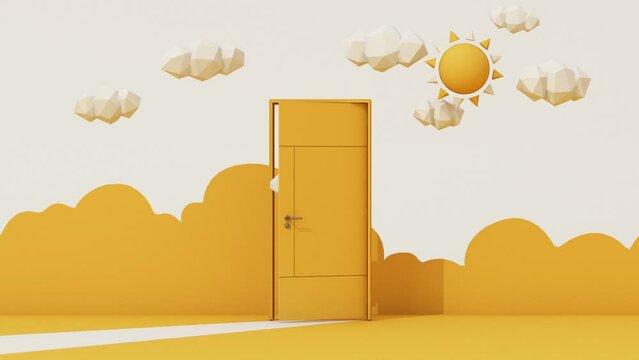 3d render, white clouds going through, flying out the open door, objects isolated on bright yellow background. Abstract metaphor, modern minimal concept. Surreal dream scene.