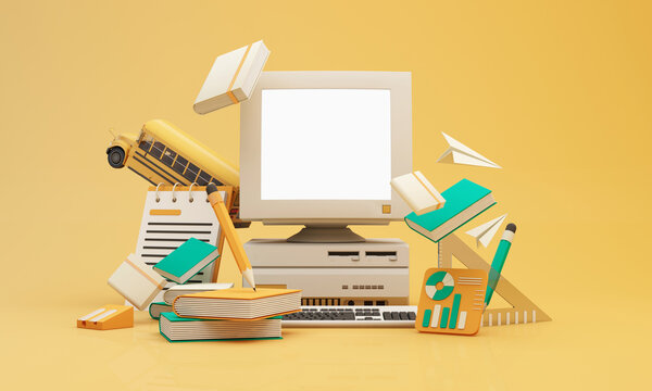 Back to school online learning, E-learning with school supplies and equipment. laptop computer screen with paper rocket accessories and textbooks on yellow background. cartoon style -3D Rendering