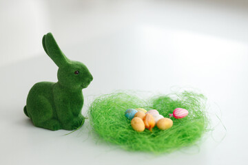 Easter eggs. Chicken eggs, twigs with green leaves on the hay. Easter holiday concept background. Copy space