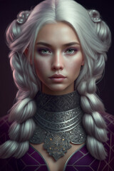 Art portrait of a beautiful woman with interesting hair and jewelry. Princesses and queens of different nations and times. Created using generative artificial intelligence.