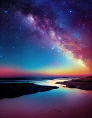 A nebula in the night sky above a beach landscape