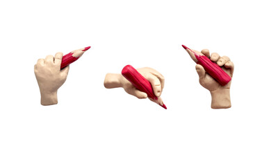 Realistic 3D objects - different hands holding a pencil. Made from plasticine. Cute dough shape.