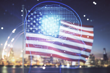 Double exposure of creative human head microcircuit hologram on US flag and skyline background. Future technology and AI concept