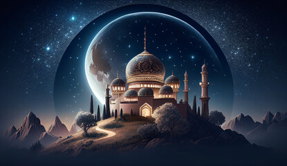 Fototapeta na wymiar mosque at night, AI Generated