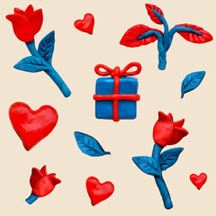 Realistic 3d objects - different 3D icons - heart, flower, leaf, magnifier, gift. Seamless pattern. Made from plasticine.