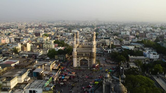 hyderabad charminar establishing shot drone 4k 30p day time