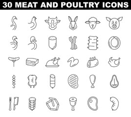 Meat and poultry icons set. Simple meat food collection. Pork, beef