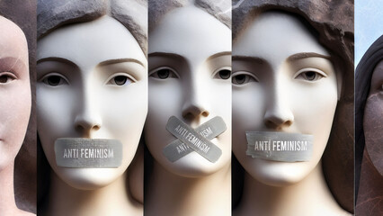 Anti feminism and silenced women. They are symbolic of the countless others who has been silenced simply because of their gender. Anti feminism that seek to suppress women's voices.,3d illustration - obrazy, fototapety, plakaty