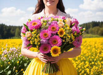 Beautiful adult girl with spring bouquet of colorful flowers behind the meadow of wildflowers at Sunny day.