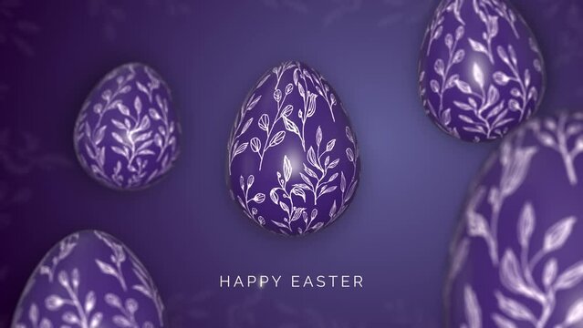Spring Easter eggs painted with patterns. Animated purple background screensaver. Happy Easter. Looped video.